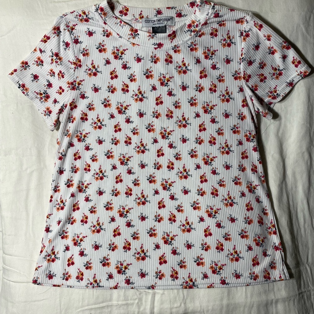 Cotton Emporium Ribbed Floral Short Sleeve Tee
